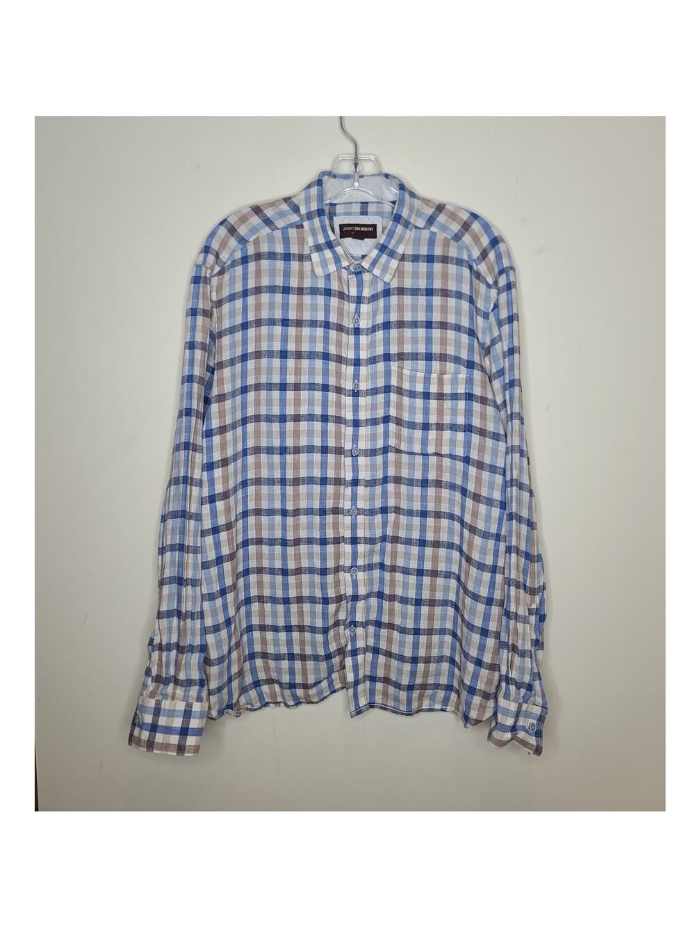 Johnston & Murphy Linen blue white plaid long sleeve button down shirt - LARGE